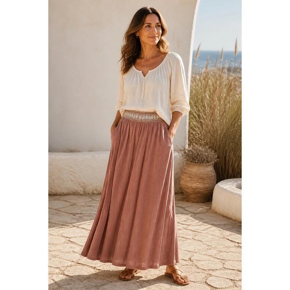 Garnet Hill Womens 10 Gauze Maxi Skirt Organic Cotton Boho Embroidered Earthy